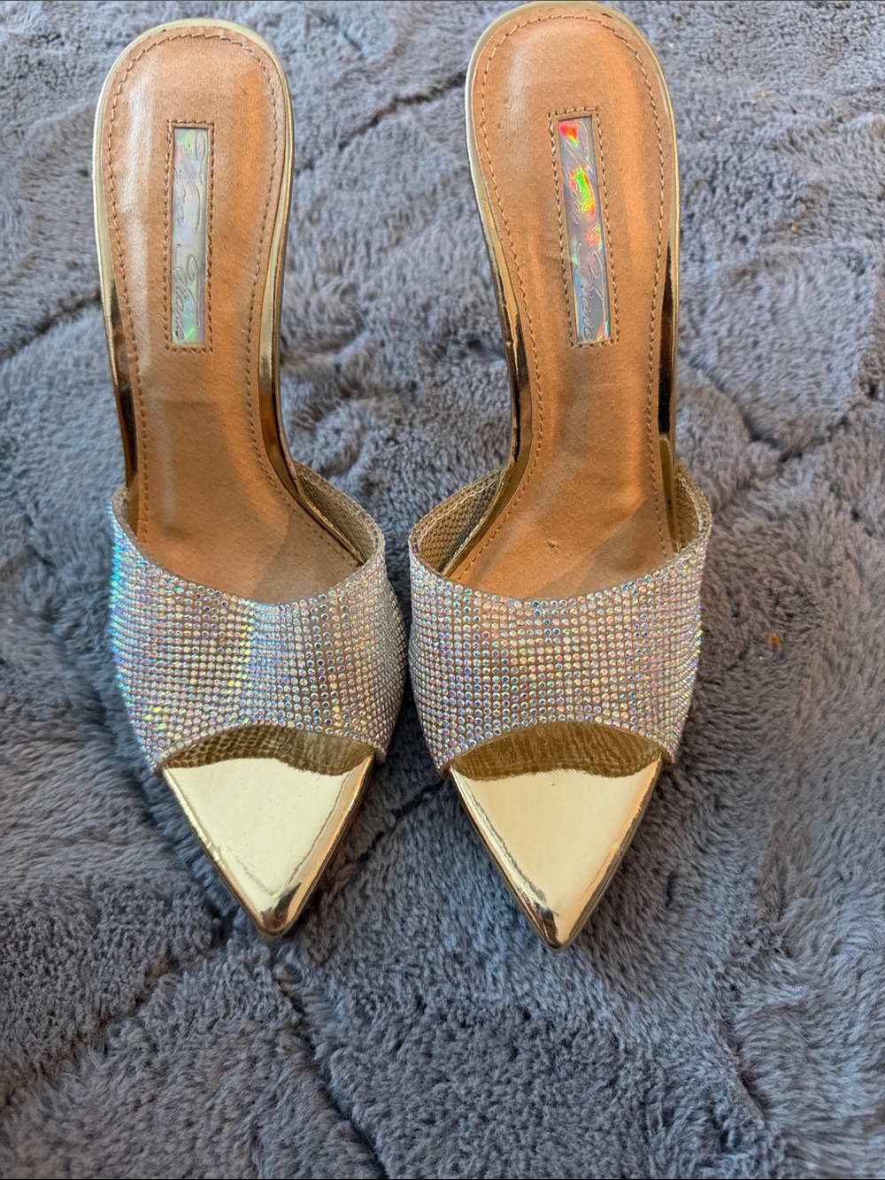 Gold Pointed-Toe Rhinestone Slide Heels